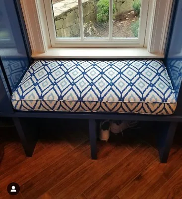 Custom window bench cushion in a blue print, New York, NY, by NYC Reupholstery