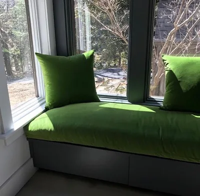 Custom green window seat cushion, New York, NY, by NYC Reupholstery